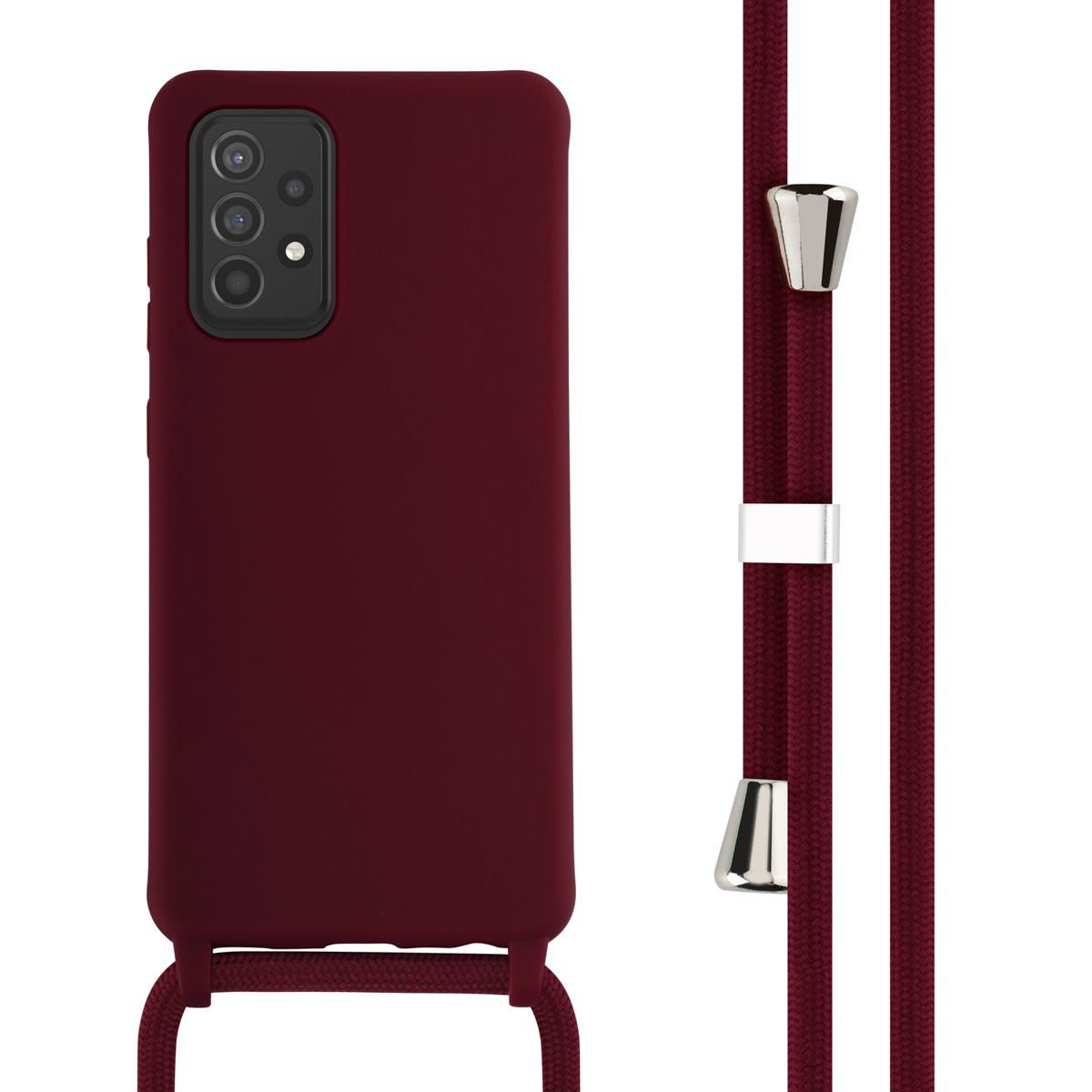 Coque de téléphone bordeaux avec un cordon assorti. Accents argentés. Fond blanc.