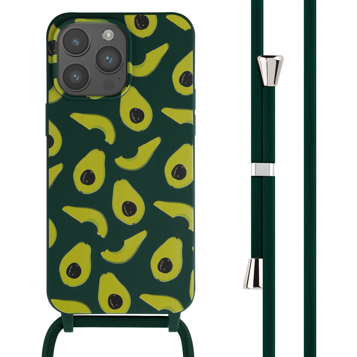 Une coque de téléphone avec un motif d'avocat et un cordon vert. Les avocats sont jaunes.