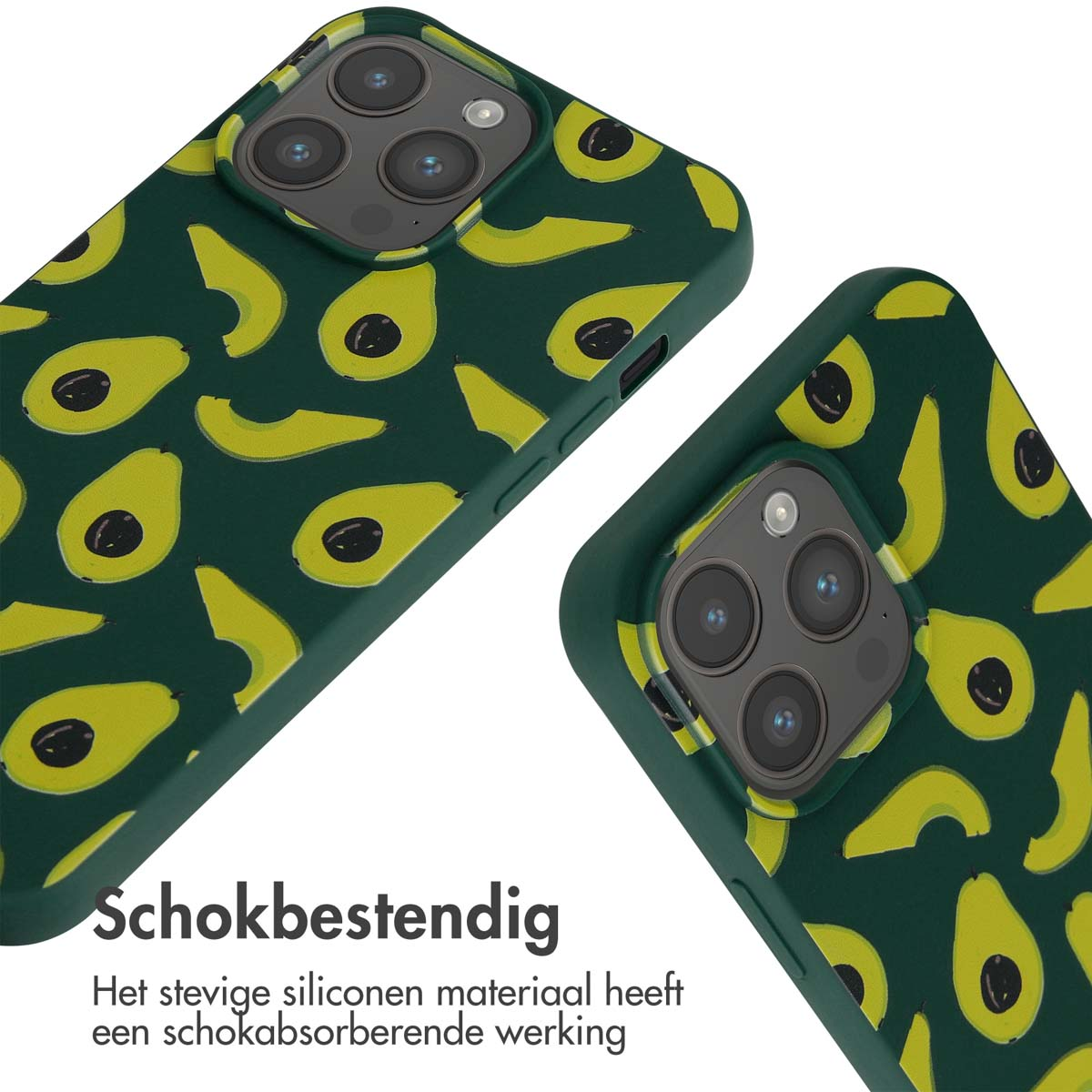 Étui de téléphone vert foncé avec motif avocat et découpe caméra.
