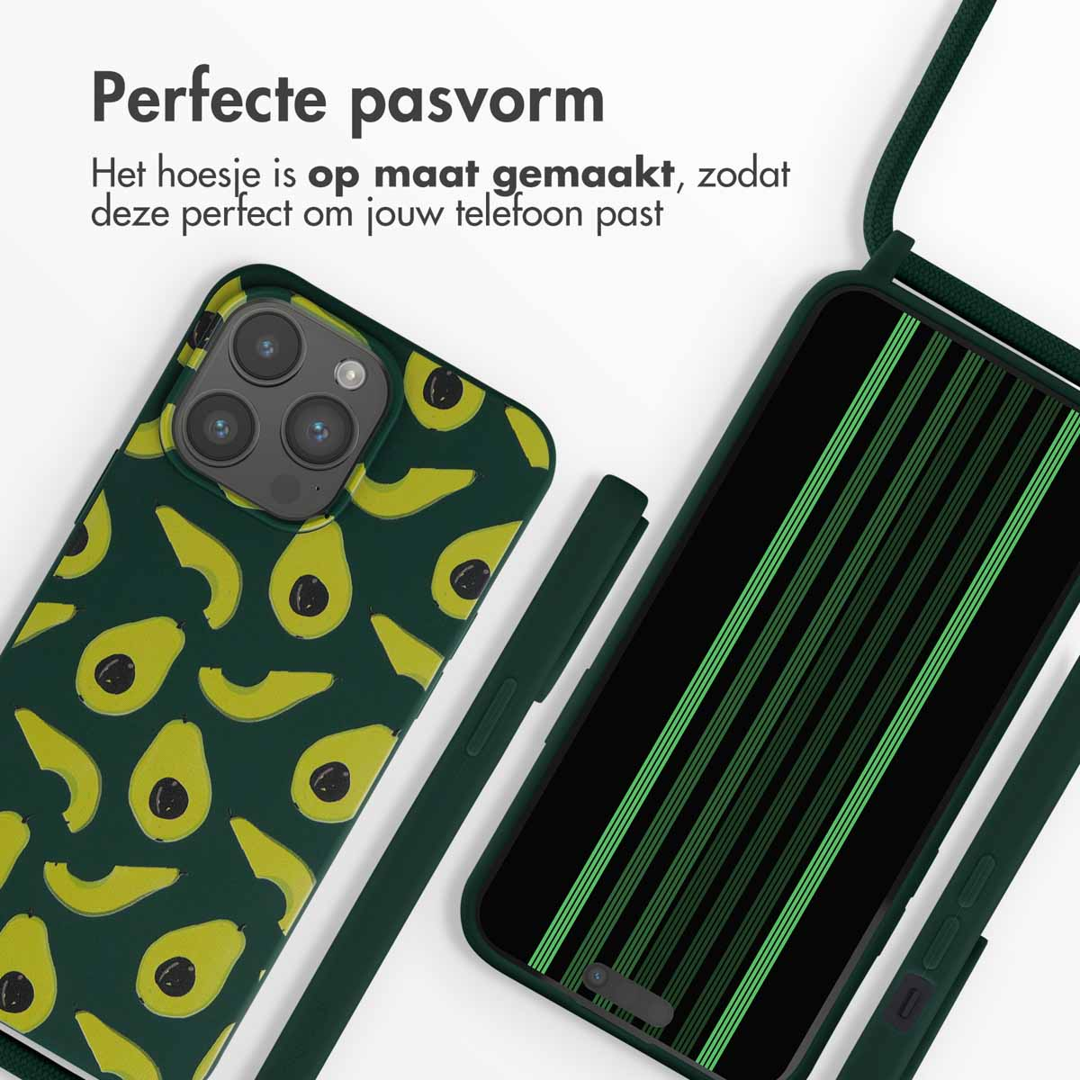 Coques de téléphone vert foncé, une avec avocats, une avec rayures.