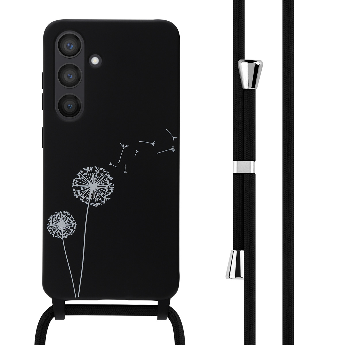Zwarte telefoonhoes met paardenbloemontwerp en een zwart koord.