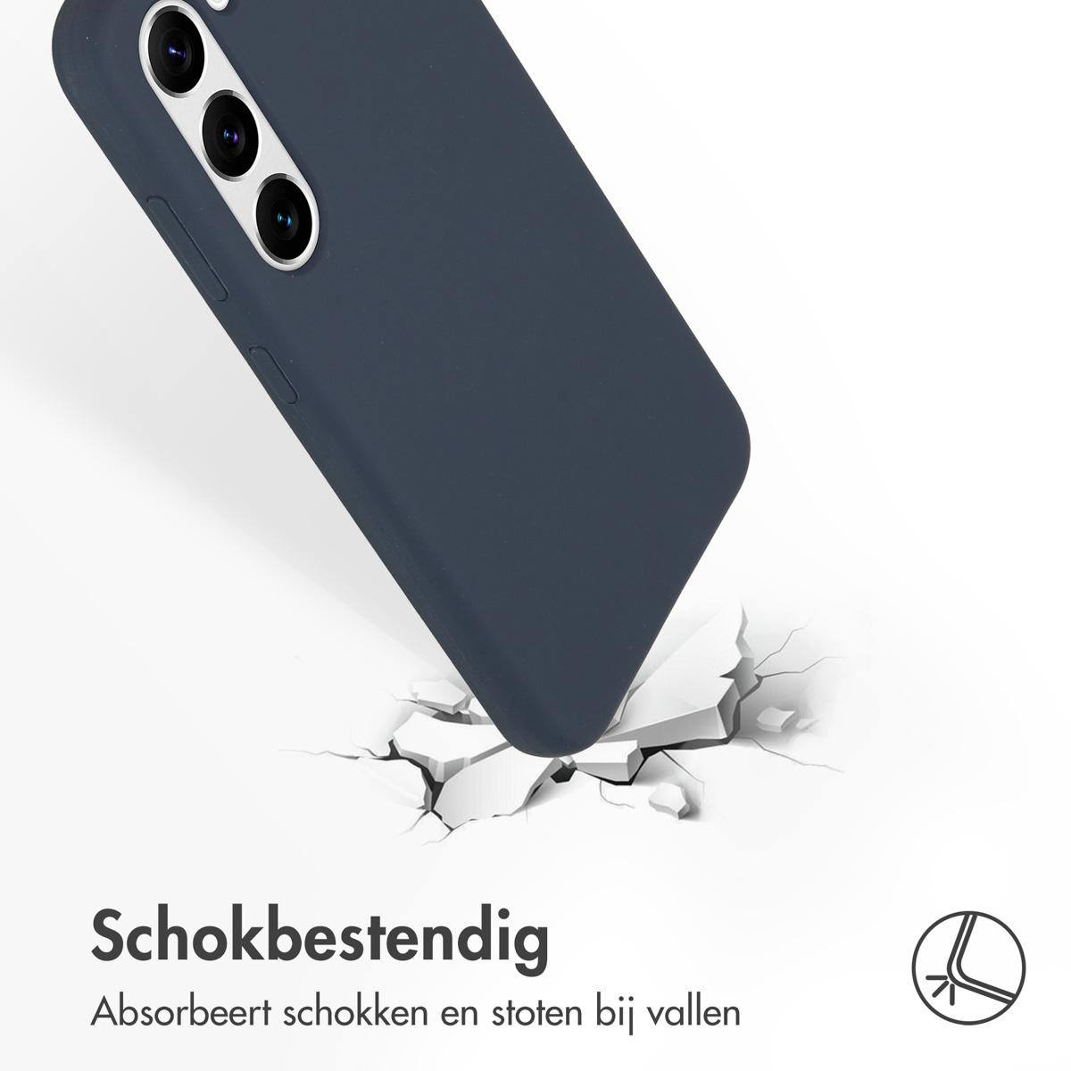 Donkerblauwe telefoonhoes op witte ondergrond, gescheurd rond impact, schokabsorptie. De hoes heeft cameragaten.