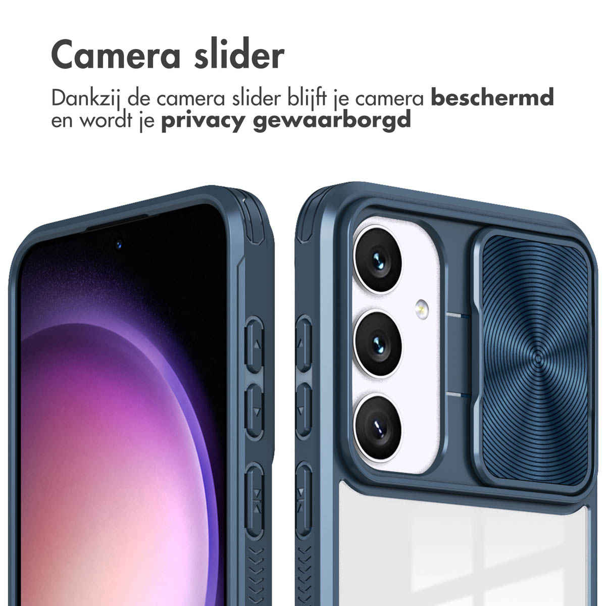 Coque de téléphone bleue avec curseur de caméra, montrant la caméra et les boutons latéraux. Fond blanc.