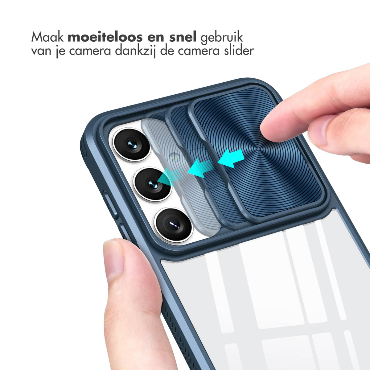 Une main active un curseur d'appareil photo sur une coque de téléphone, révélant les lentilles. La coque est bleue.