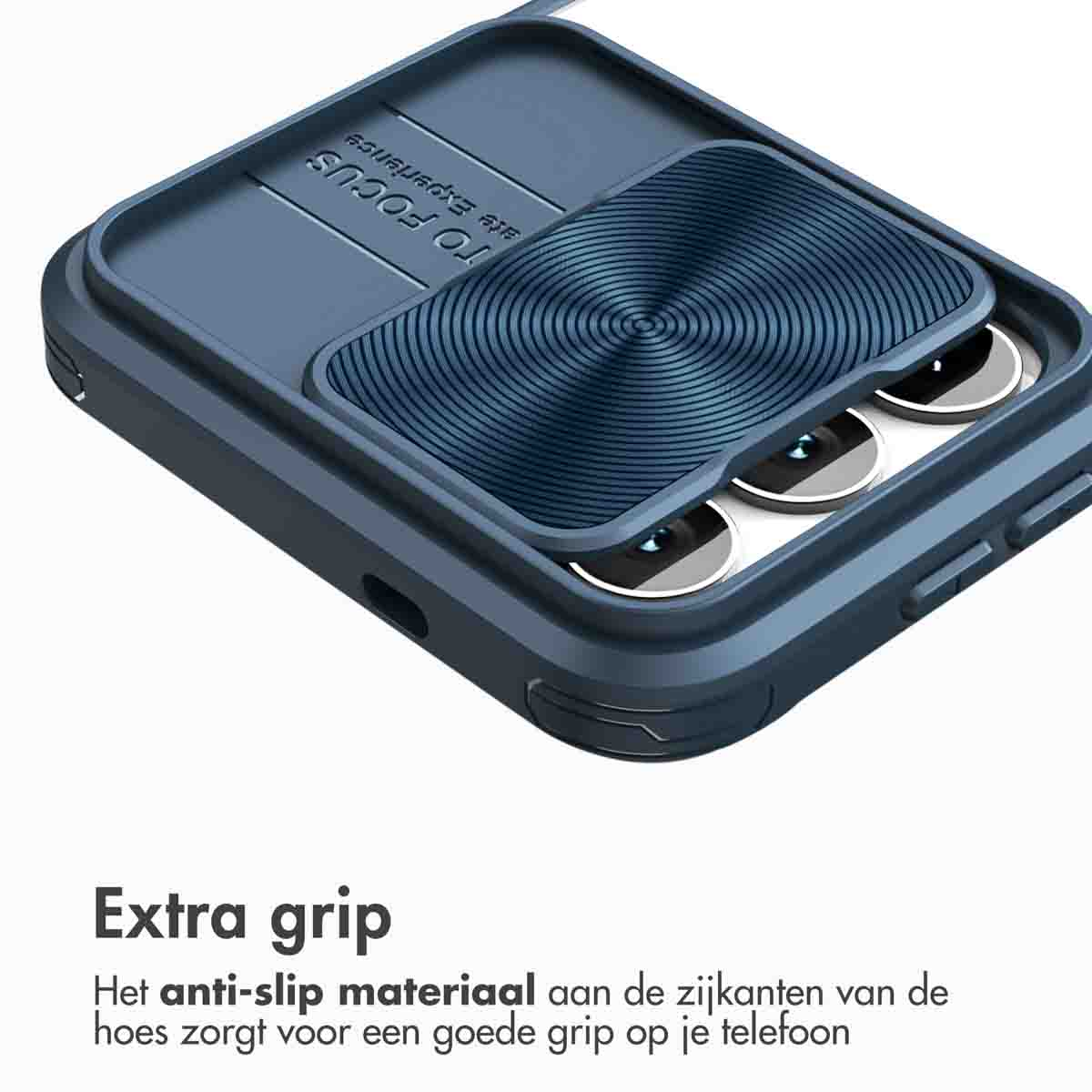 Une coque de téléphone bleue avec un cache caméra coulissant. Le texte indique une prise supplémentaire et un matériau antidérapant.