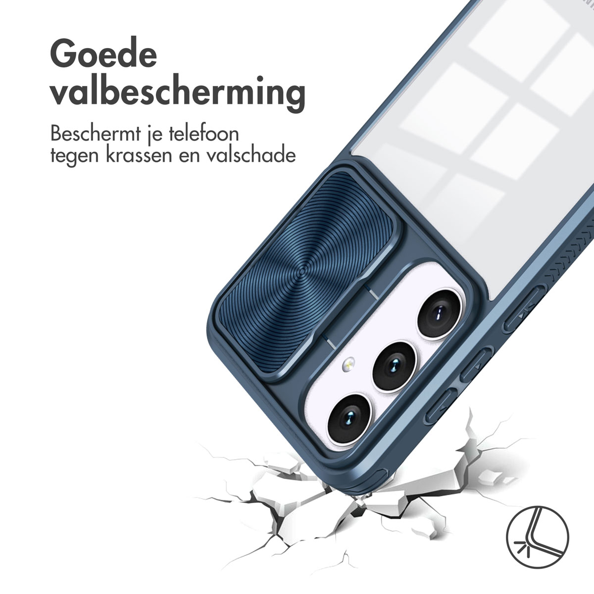 Une coque de téléphone bleue avec un cache caméra coulissant.