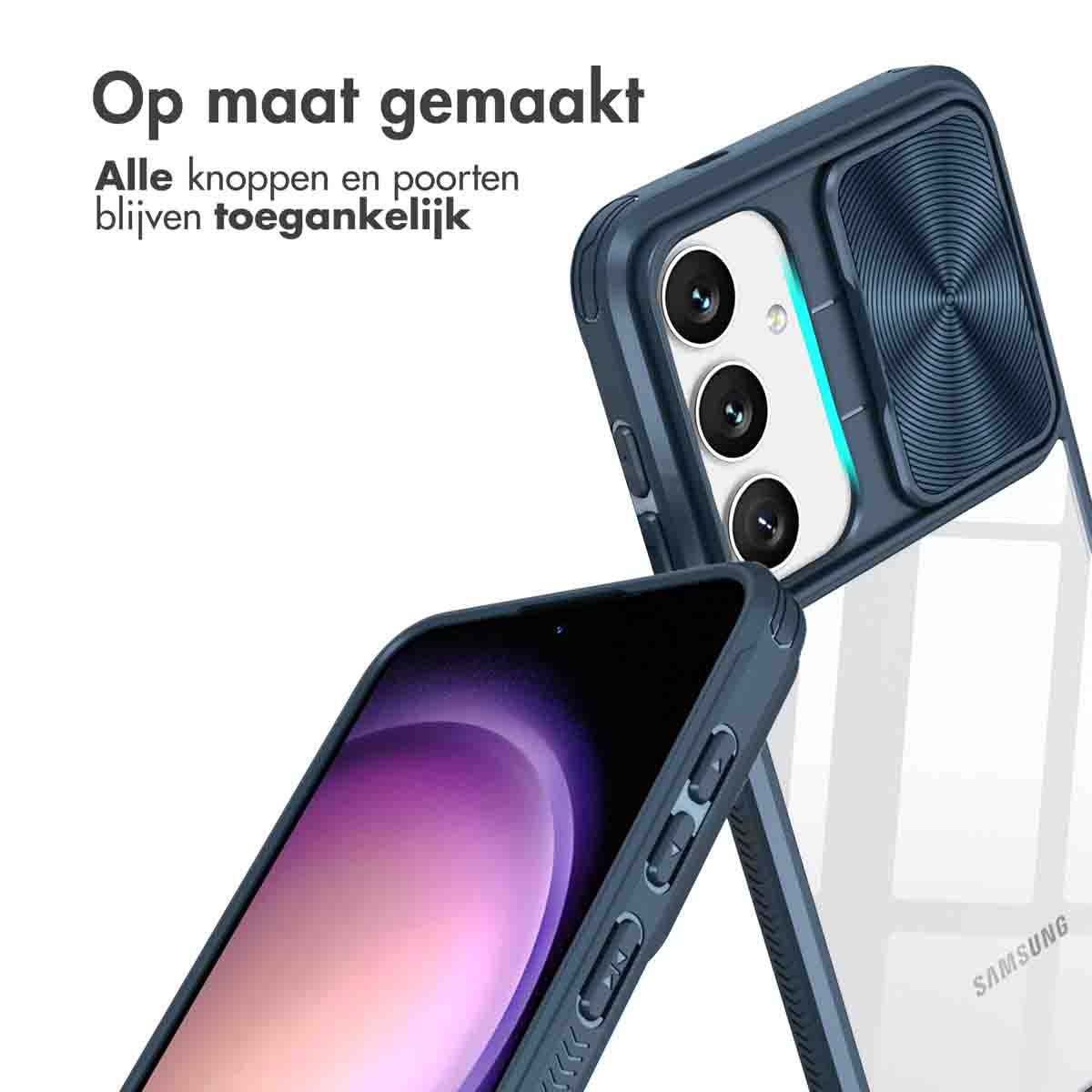 Coque de téléphone bleue avec cache pour l'appareil photo et tous les boutons accessibles.