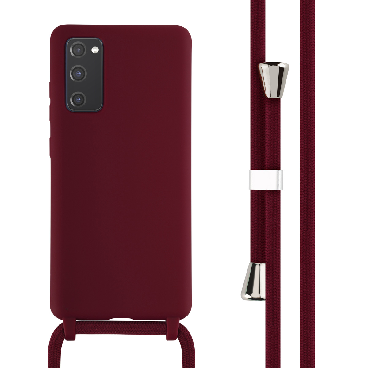 Coque de téléphone bordeaux avec cordon assorti. Une coque bordeaux et un cordon bordeaux.