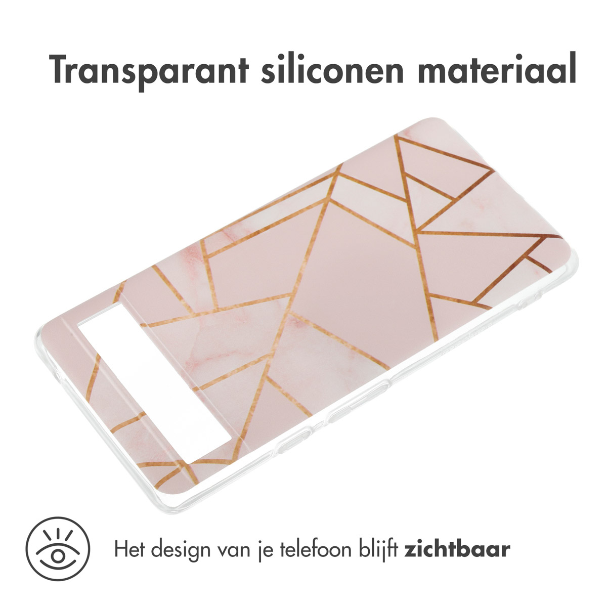 Telefoonhoesje met een transparant roze en gouden geometrisch ontwerp op een witte achtergrond.