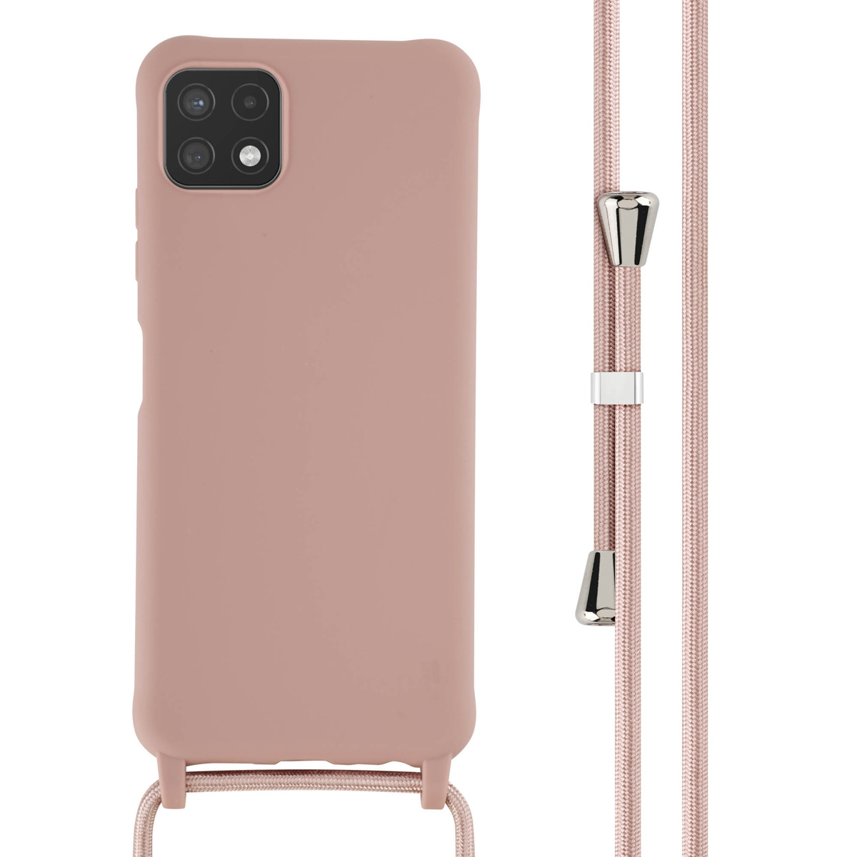 Roze telefoonhoes met een roze koord. Zilveren accenten op het koord en de hoes.