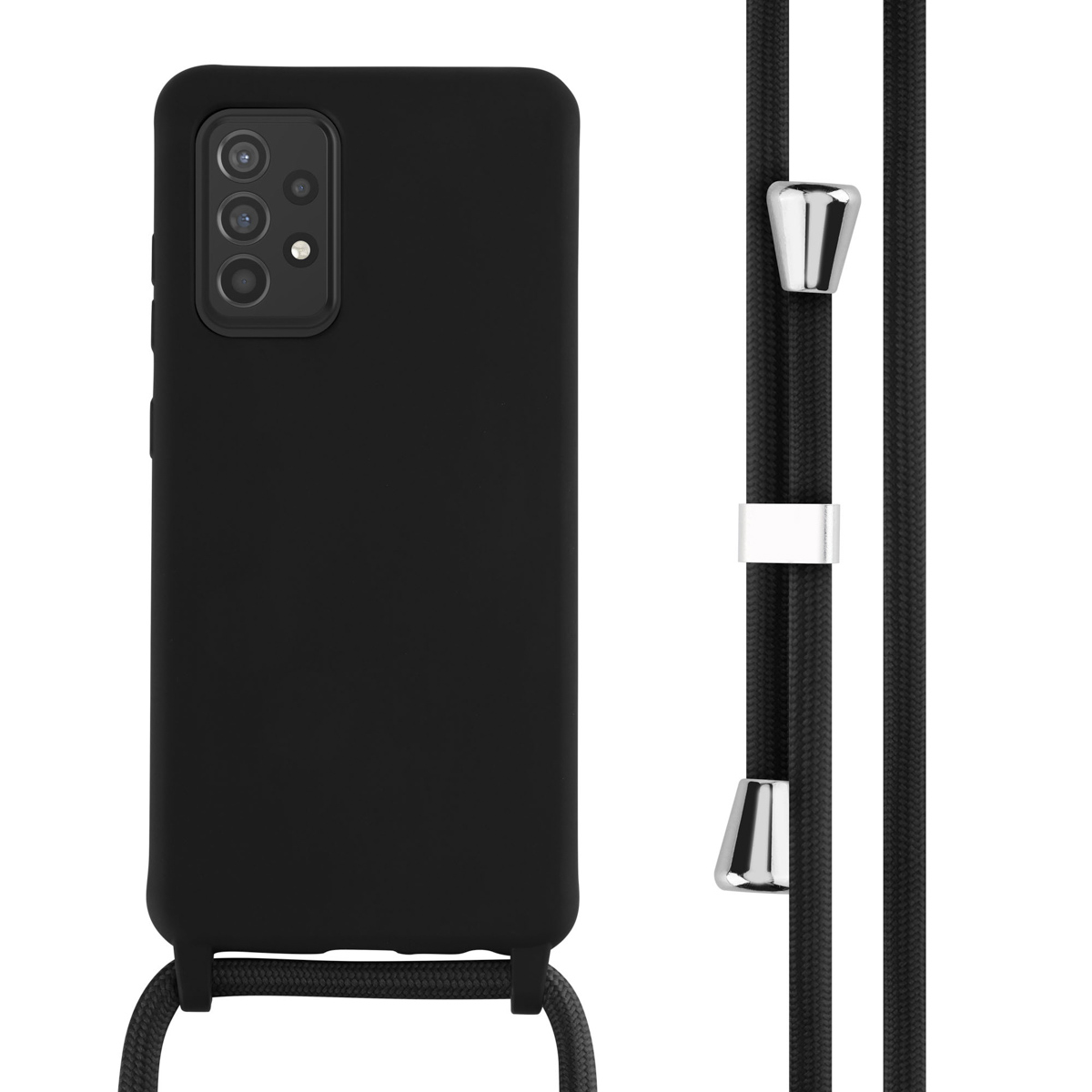Une coque de téléphone noire avec une sangle noire. La sangle a des attaches argentées.