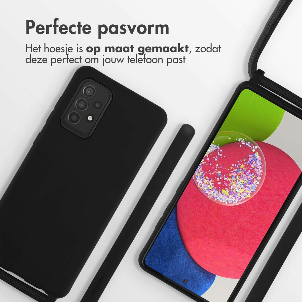 Coque de téléphone noire et smartphone avec fond d'écran coloré.