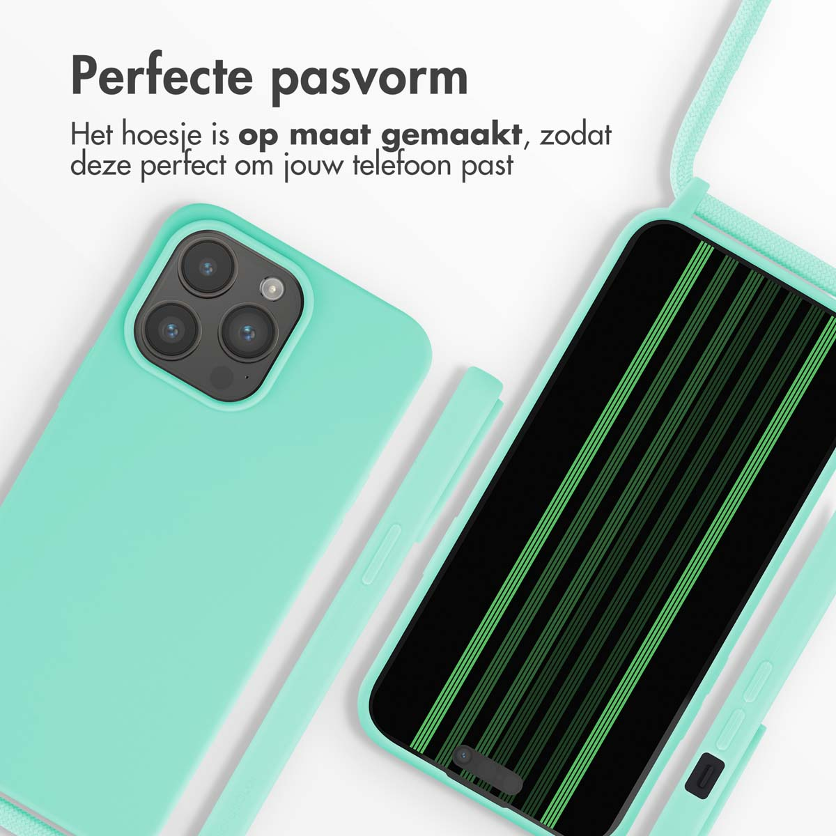 Türkisgrüne Handyhülle und Handy mit Streifenmuster. Perfekte Passform.