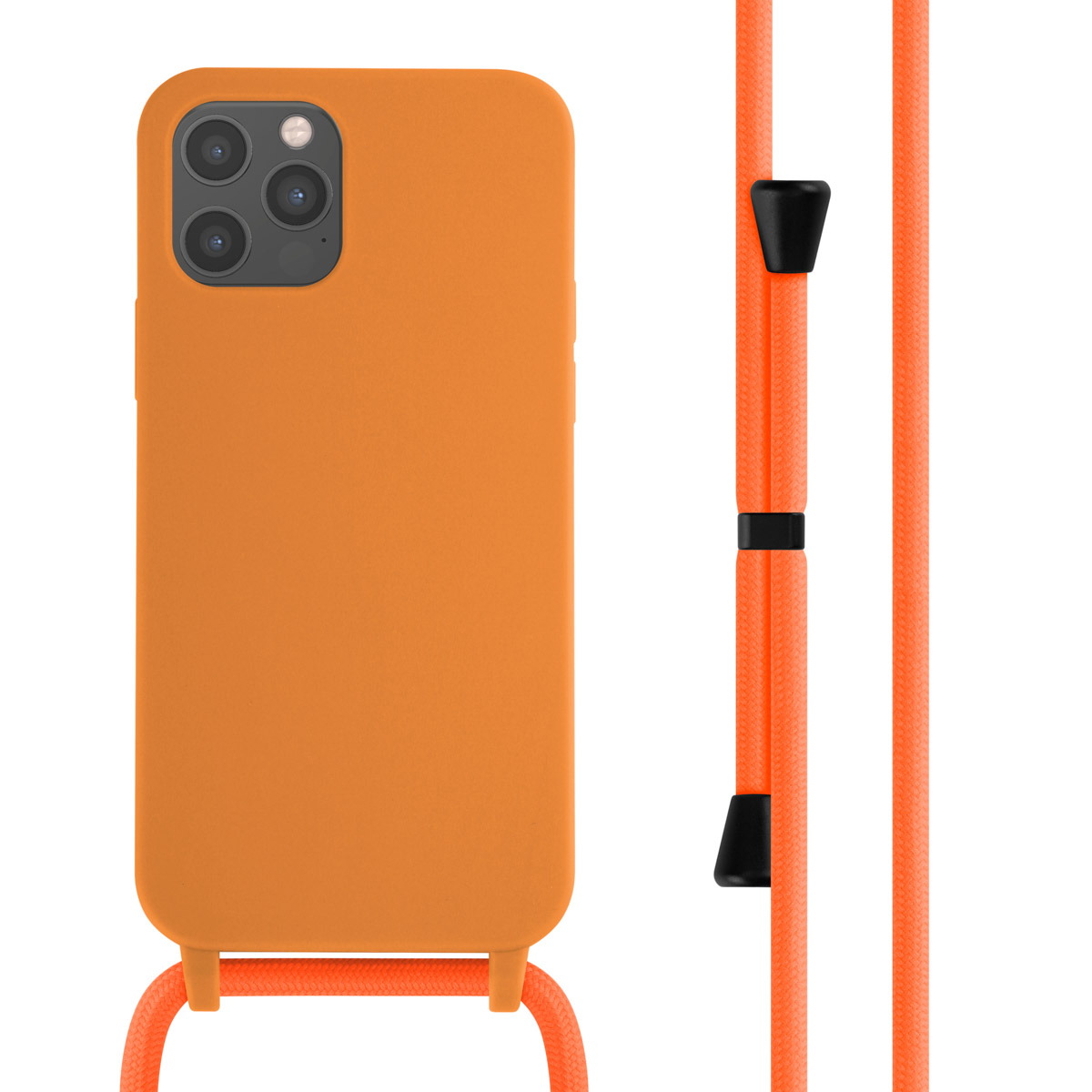 Coque de téléphone orange avec une sangle orange et des clips orange sur fond blanc.