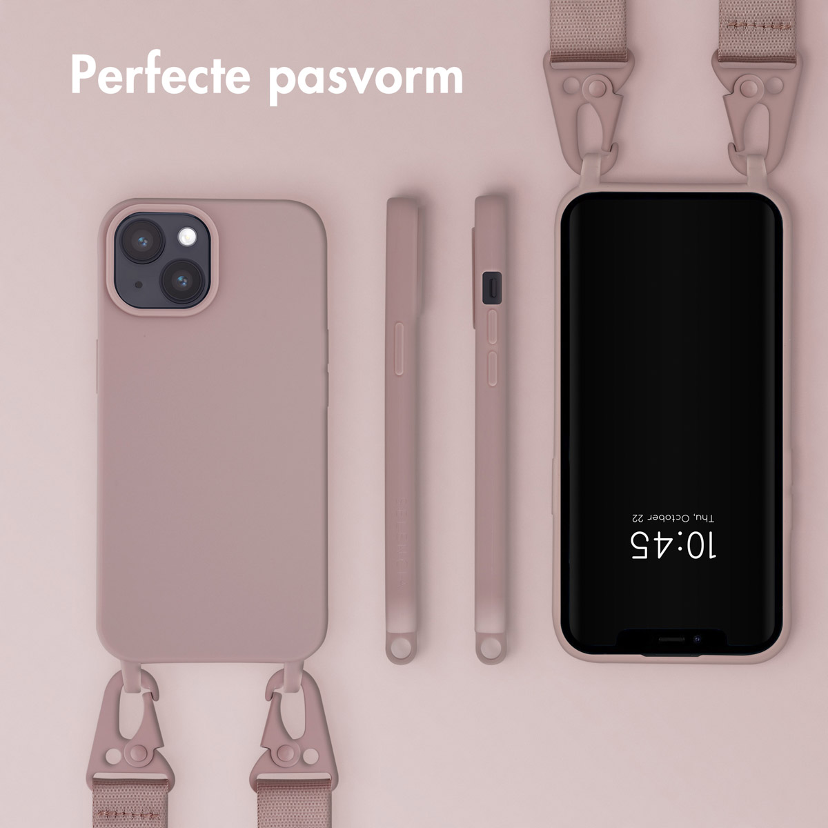 A pink phone case with a strap, two phone cases, and a phone.