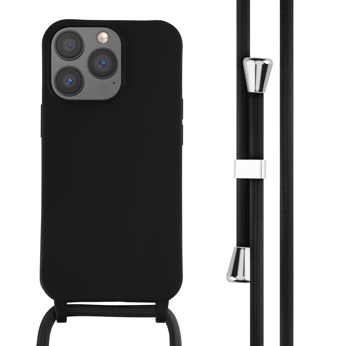 Coque de téléphone noire avec un cordon noir. Détails métalliques argentés sur le cordon.