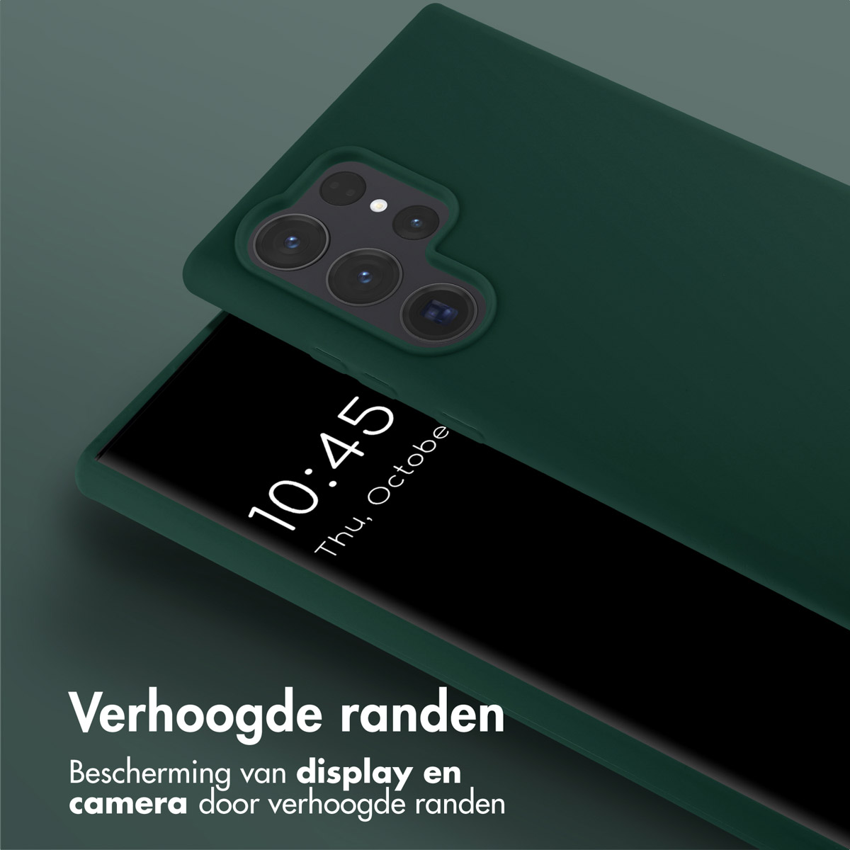 Coque de téléphone verte sur un téléphone noir avec affichage 10:45 et jeudi, octobre. Fond vert foncé.