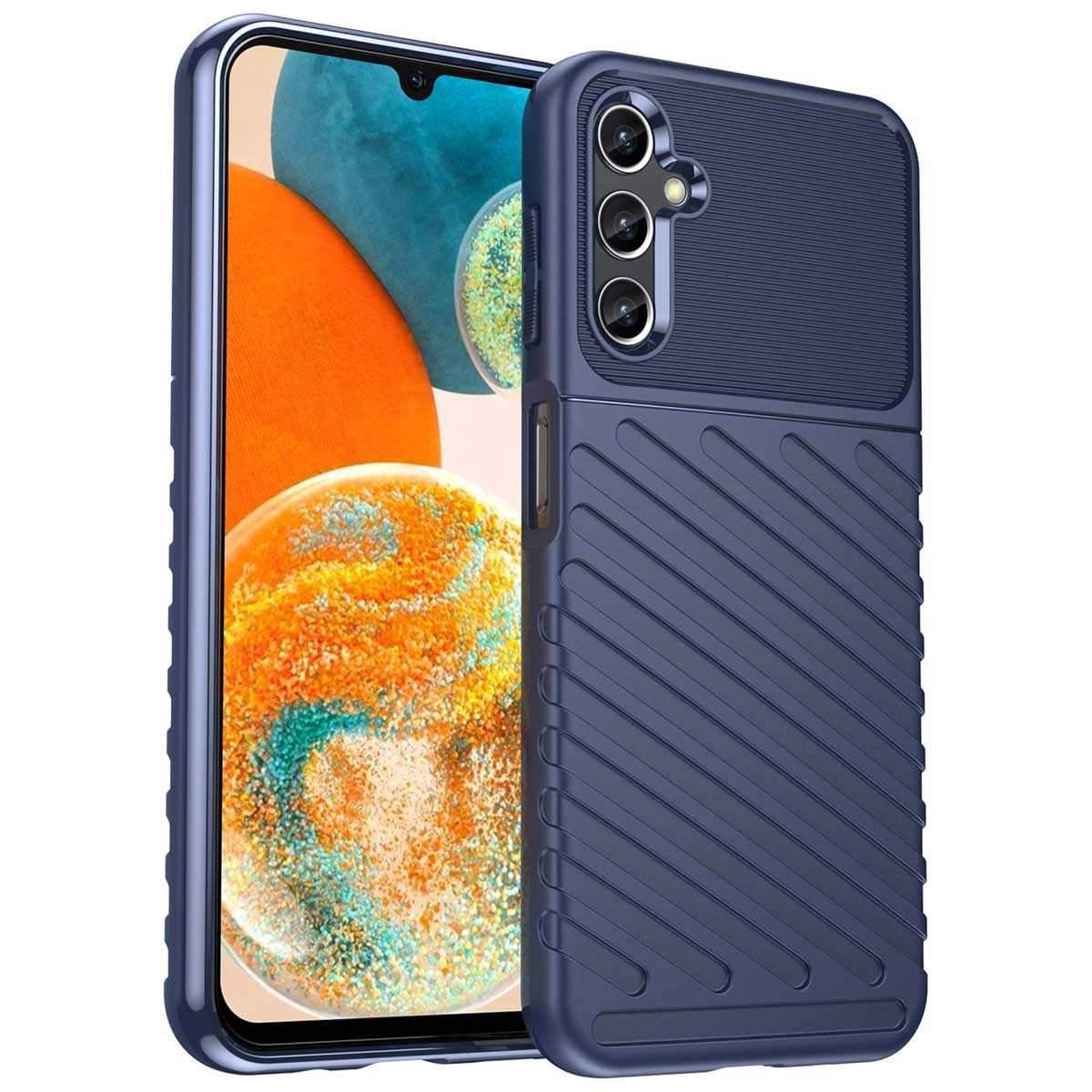 Blauwe telefoonhoes met een telefoon erin. Het heeft een ontwerp met lijnen.