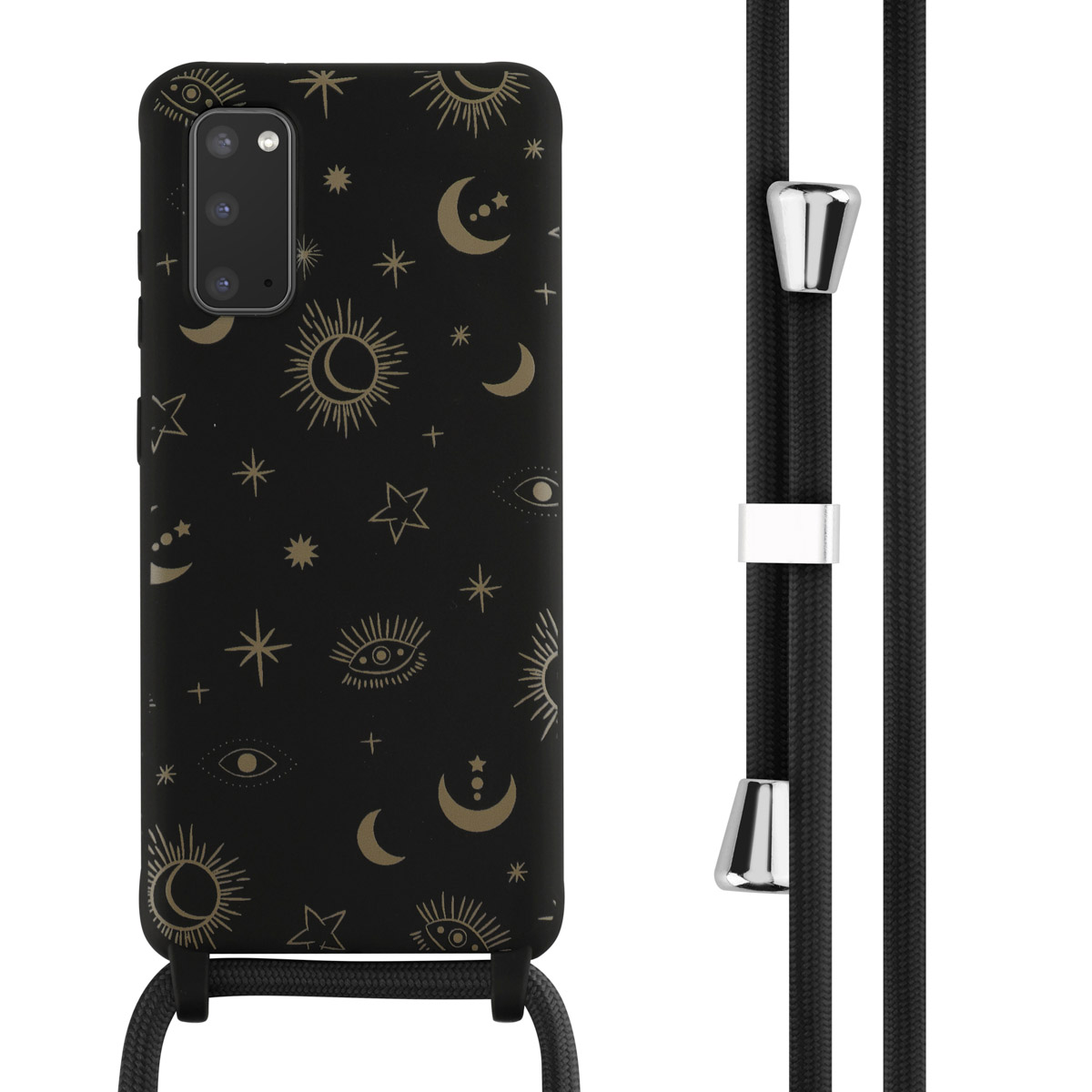 Custodia nera con design celeste dorato, attaccata a un cordino nero. Accenti argentati. Sfondo bianco.