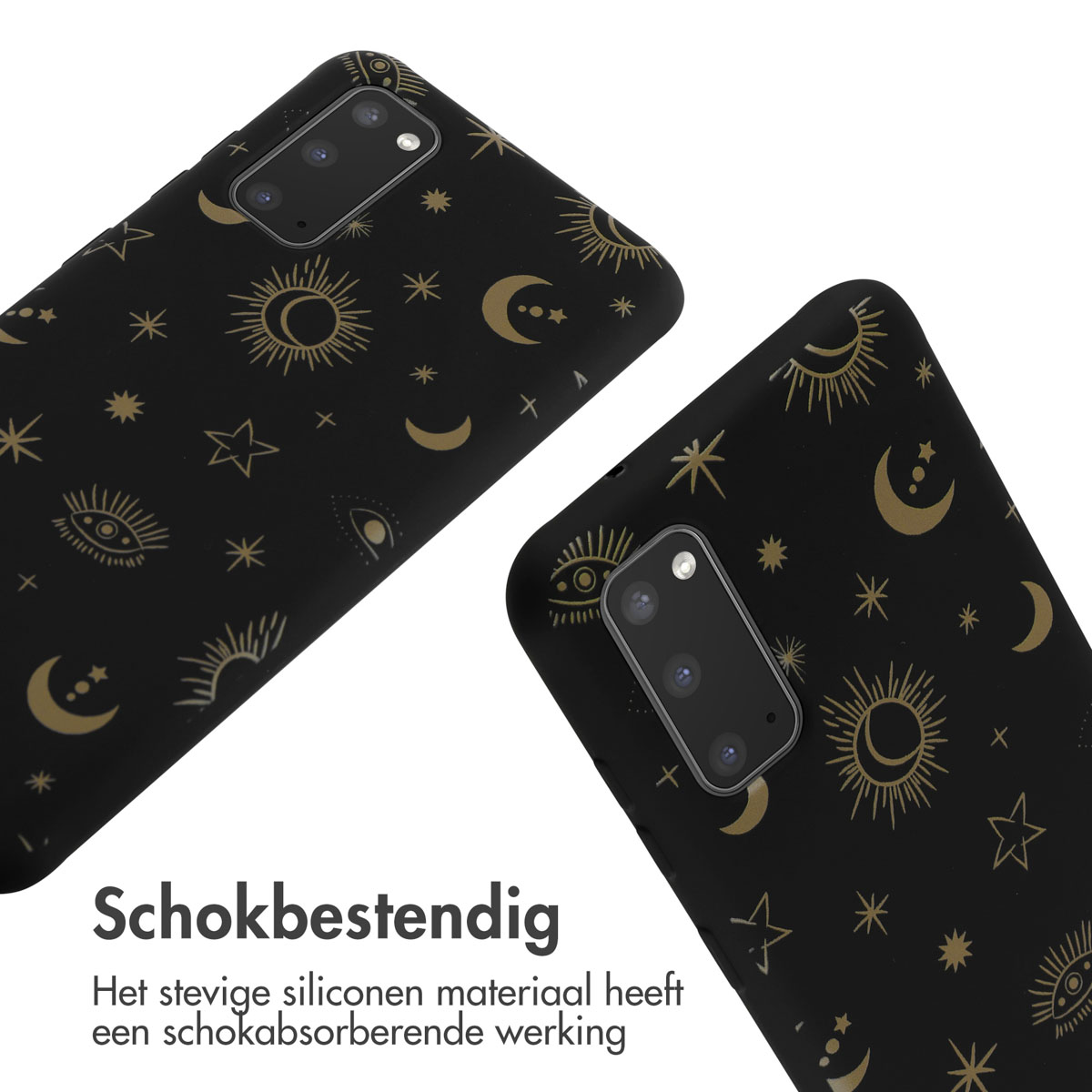 Due cover nere per telefono con motivi celesti dorati: sole, luna, stelle, occhi.