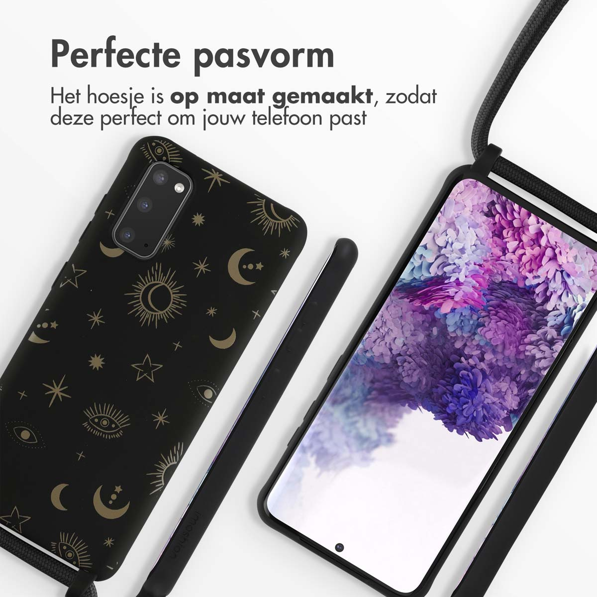 Custodia nera per telefono con motivo celeste dorato accanto a uno smartphone.