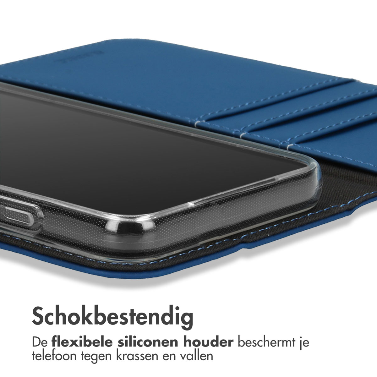 Un téléphone dans un étui transparent à l'intérieur d'un étui de type portefeuille bleu. Texte 'Résistant aux chocs'.