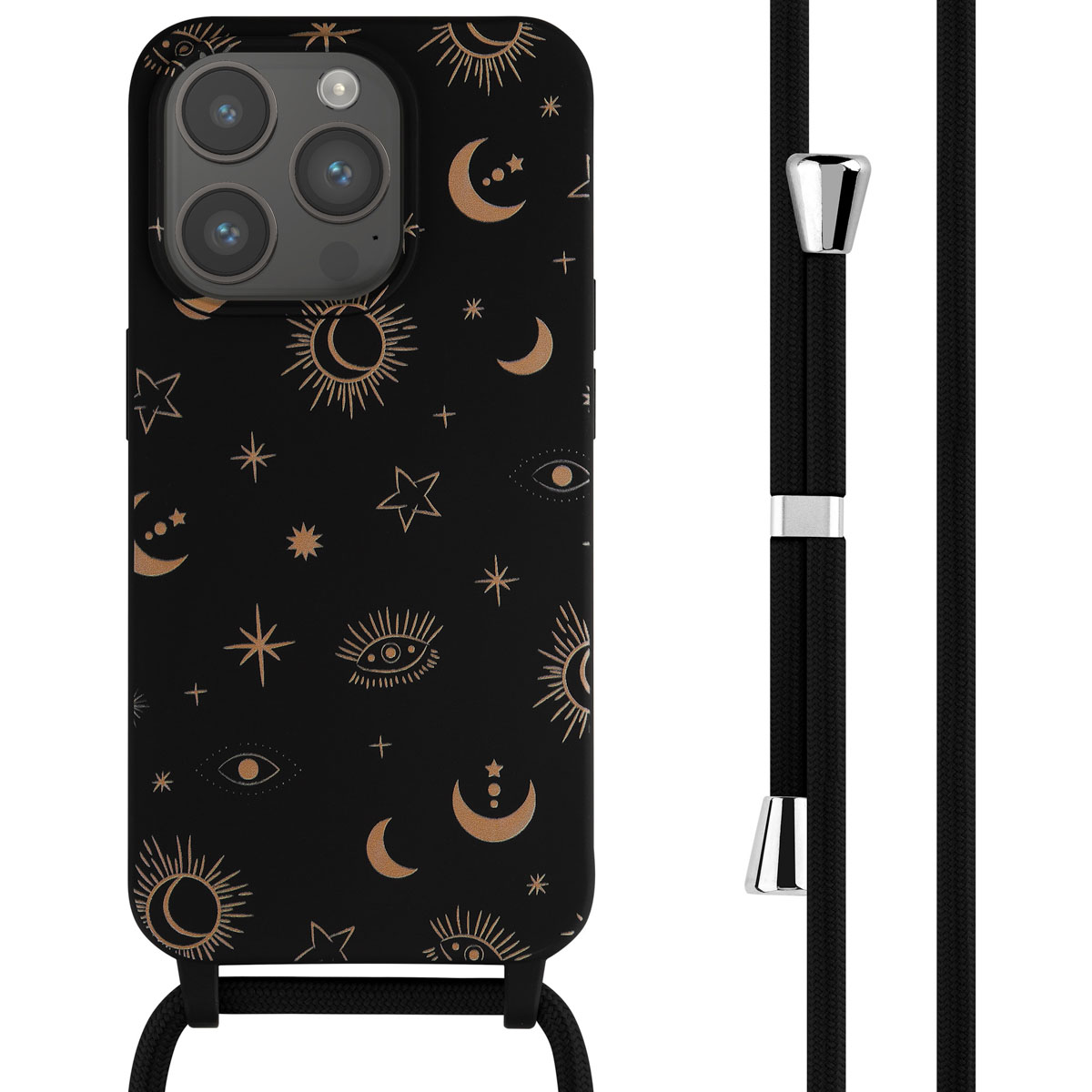 Zwart telefoonhoesje met hemels ontwerp, vastgemaakt aan zwart koord. Zilveren accenten.