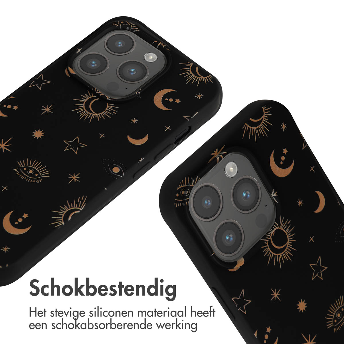 Zwarte telefoonhoesjes met gouden hemelse motieven: maan, zon, sterren, ogen.