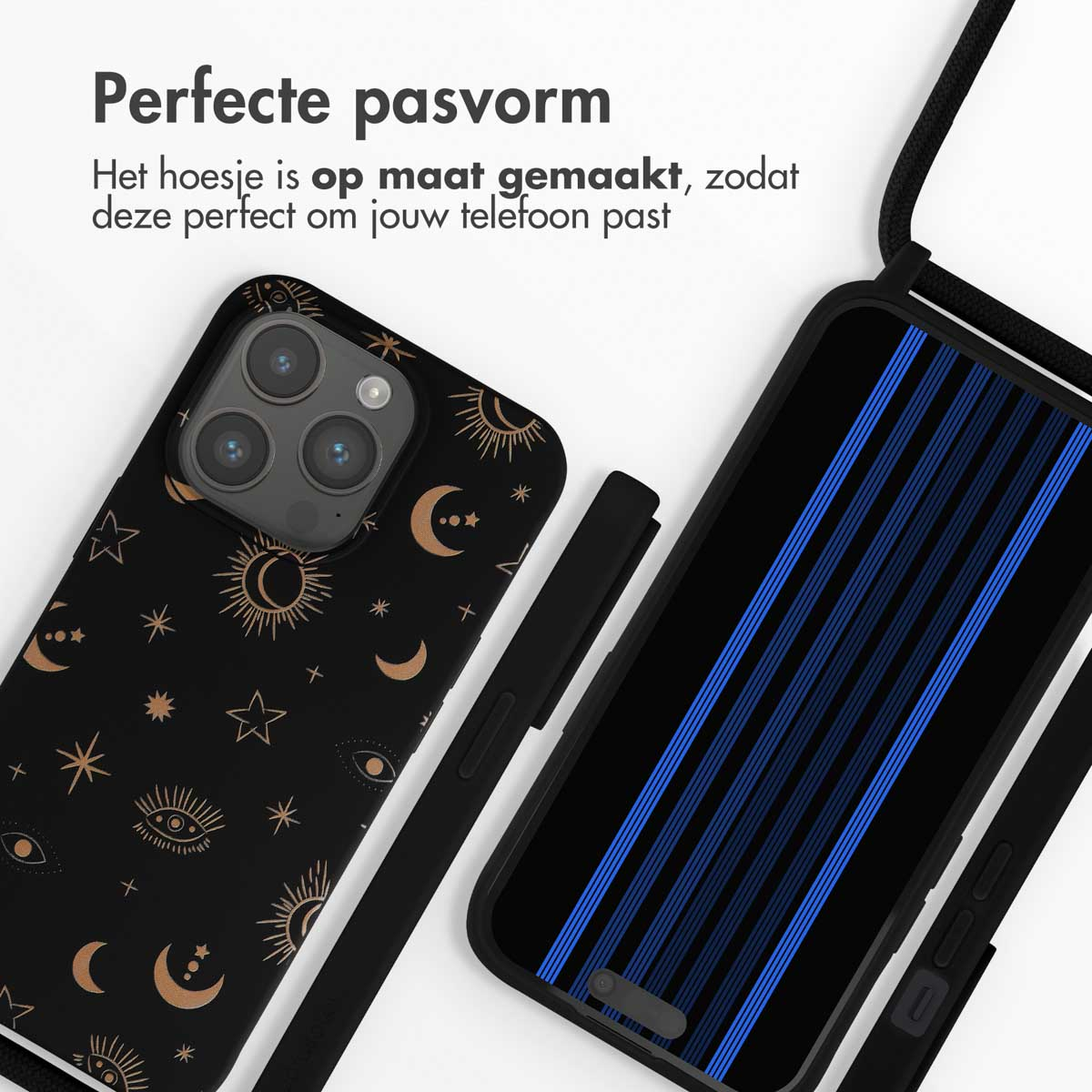 Zwarte telefoonhoes met gouden hemelpatronen en een tweede telefoon met blauwe strepen.