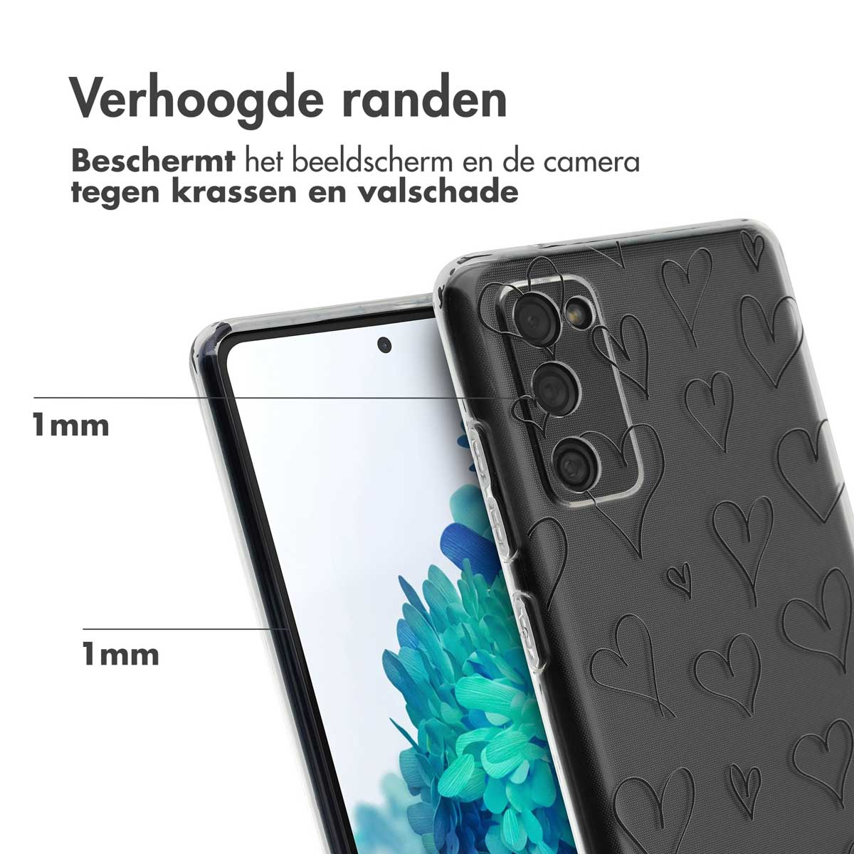 Cover nera per telefono con cuori, bordo rialzato di 1 mm.