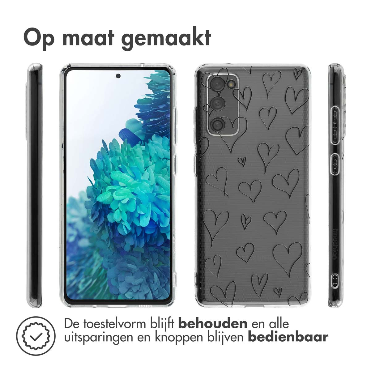 Una cover trasparente per telefono con motivo a cuori.