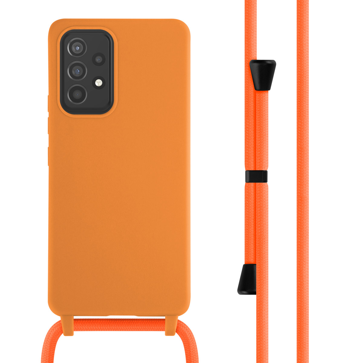 Oranje telefoonhoesje met een telefoonkoord. Het koord is ook oranje.