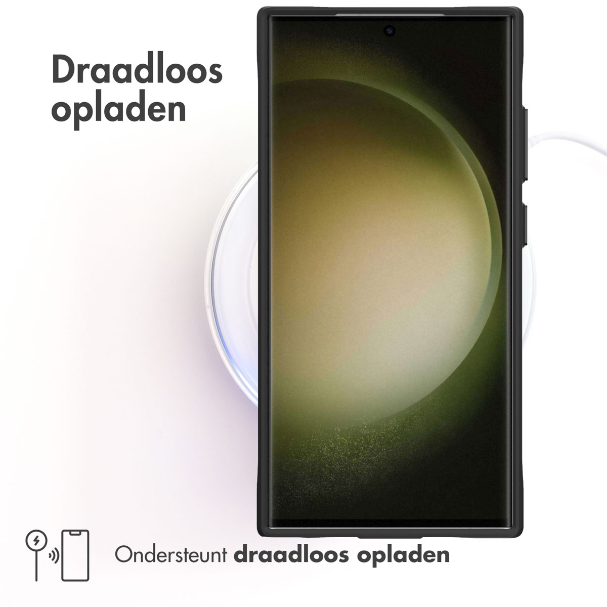 Téléphone se chargeant sans fil sur une surface blanche. Texte en néerlandais : Prend en charge la recharge sans fil.
