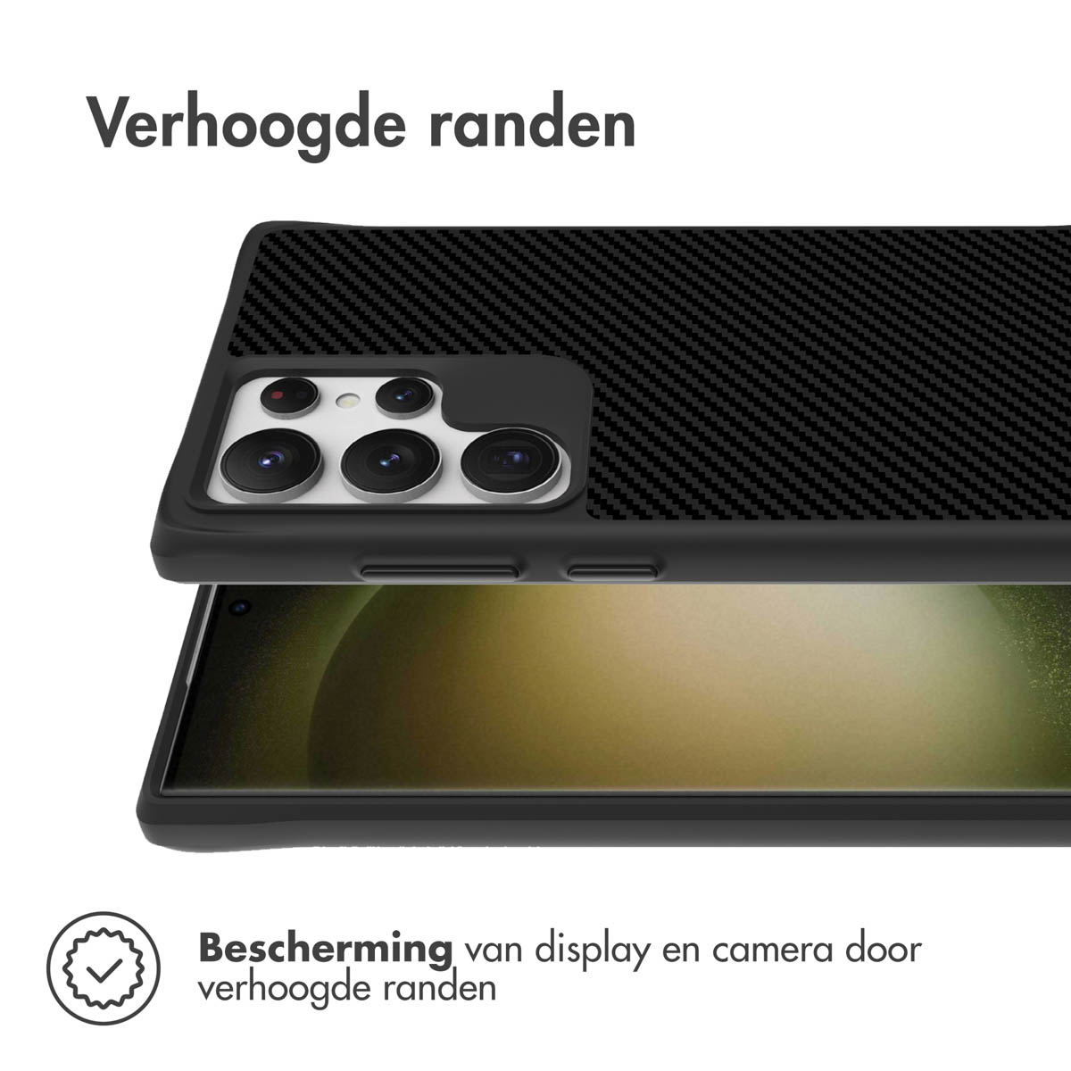 Coque de téléphone avec design en fibre de carbone. Texte : Bords surélevés. Protection de l'écran et de l'appareil photo grâce aux bords surélevés.
