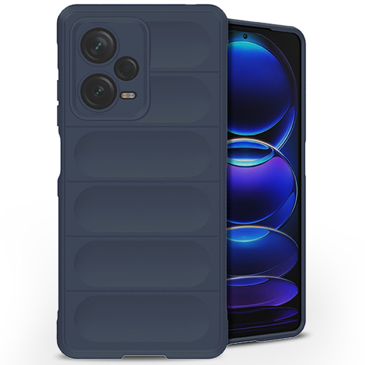 Coque de téléphone bleu foncé avec un design rainuré, montrant le téléphone à l'intérieur et un écran bleu.
