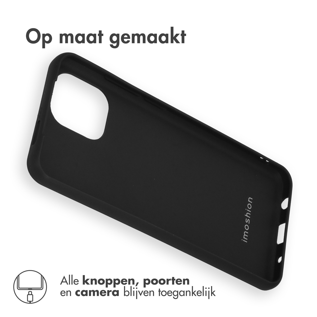Custodia nera per telefono con ritagli per fotocamera e porte.