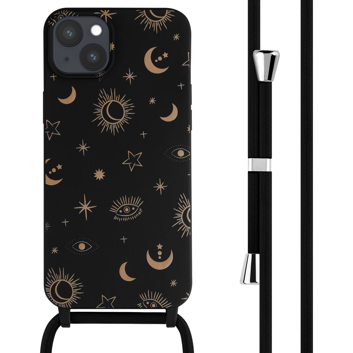 Coque de téléphone noire avec un design céleste doré et une sangle noire avec des accents argentés.