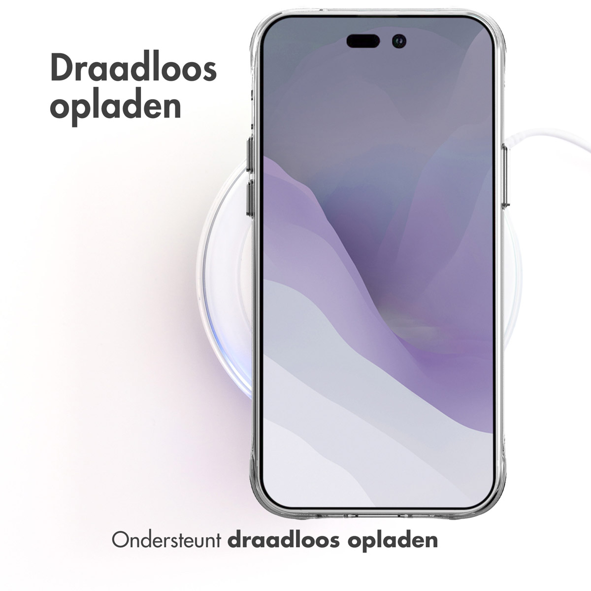 Telefoon in een doorzichtig hoesje met draadloze oplader. Tekst: "Draadloos opladen".