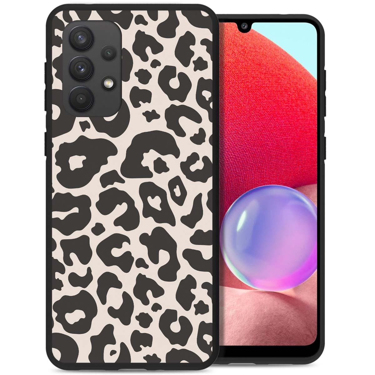 Coque de téléphone avec un motif léopard, couleurs noir et beige. Écran du téléphone visible à droite.
