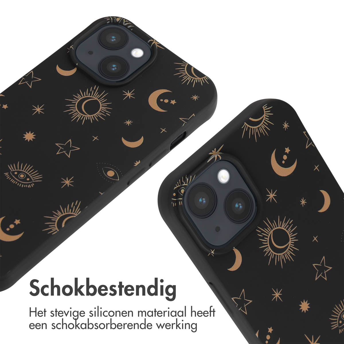 Two black phone cases with gold celestial patterns of stars, moons, and suns.