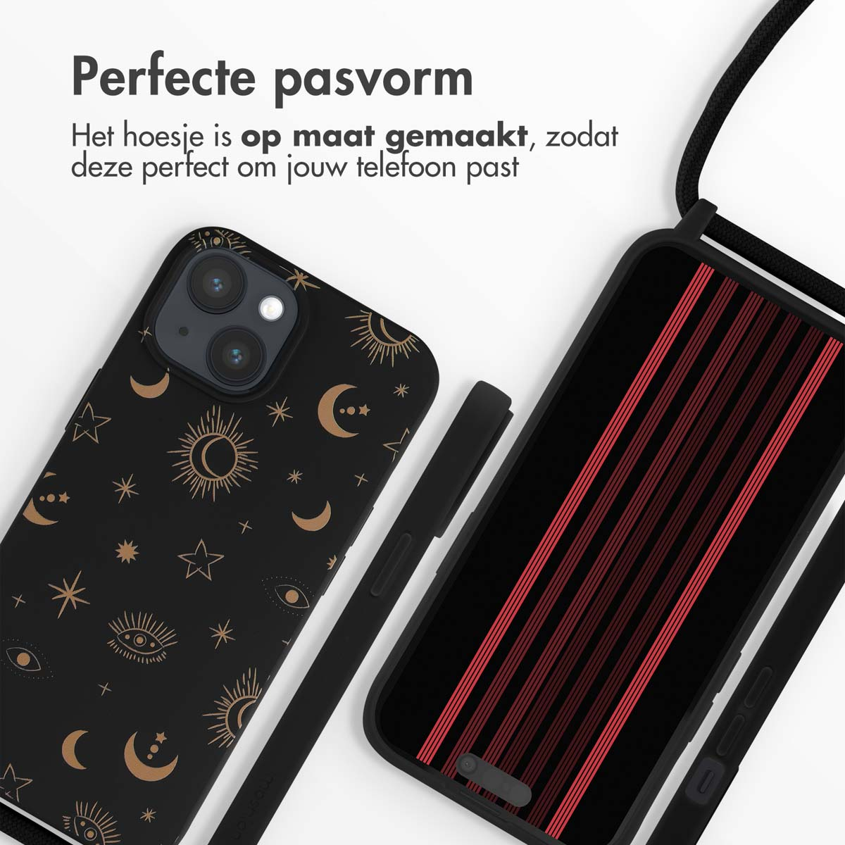 Black phone cases with gold celestial patterns and a striped red case.