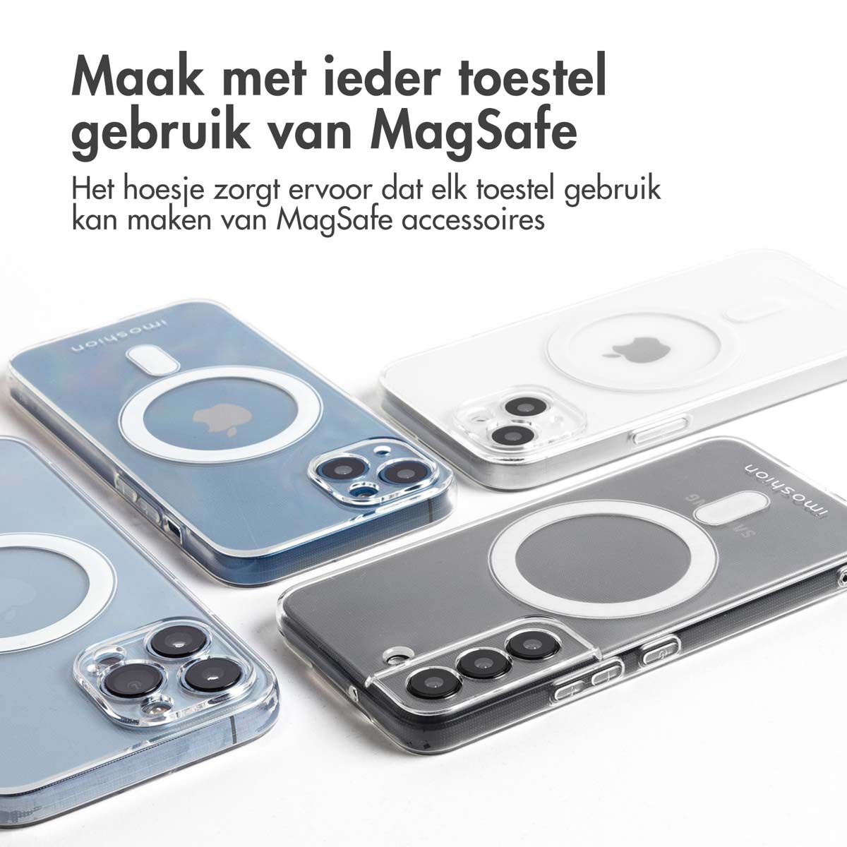 Quatre coques de téléphone transparentes avec des cercles MagSafe. Texte : Permet à tous les appareils d'utiliser les accessoires MagSafe.