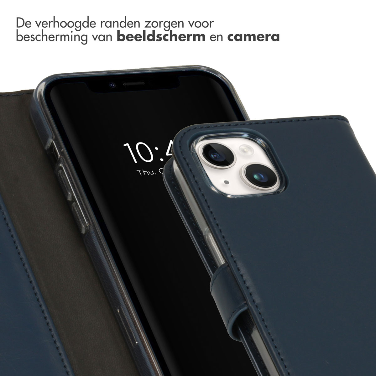 A dark blue phone in a flip case. The screen shows the time.
