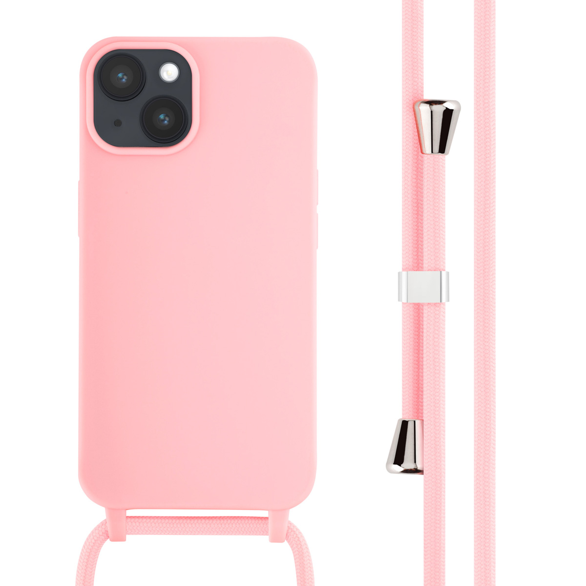 Eine rosa Handyhülle mit rosafarbenem Kordelband. Das Kordelband hat silberne Akzente.