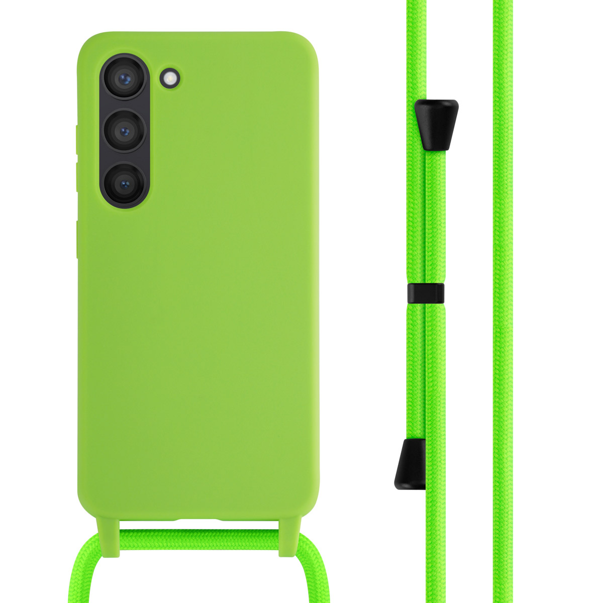 Groene telefoonhoes met een neon groen touw. De telefoonhoes heeft een camerabult.