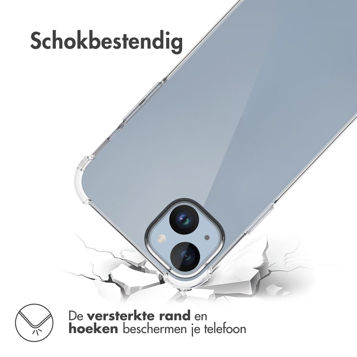 Téléphone dans une coque transparente, sur surface fissurée. Texte "Antichoc" visible.