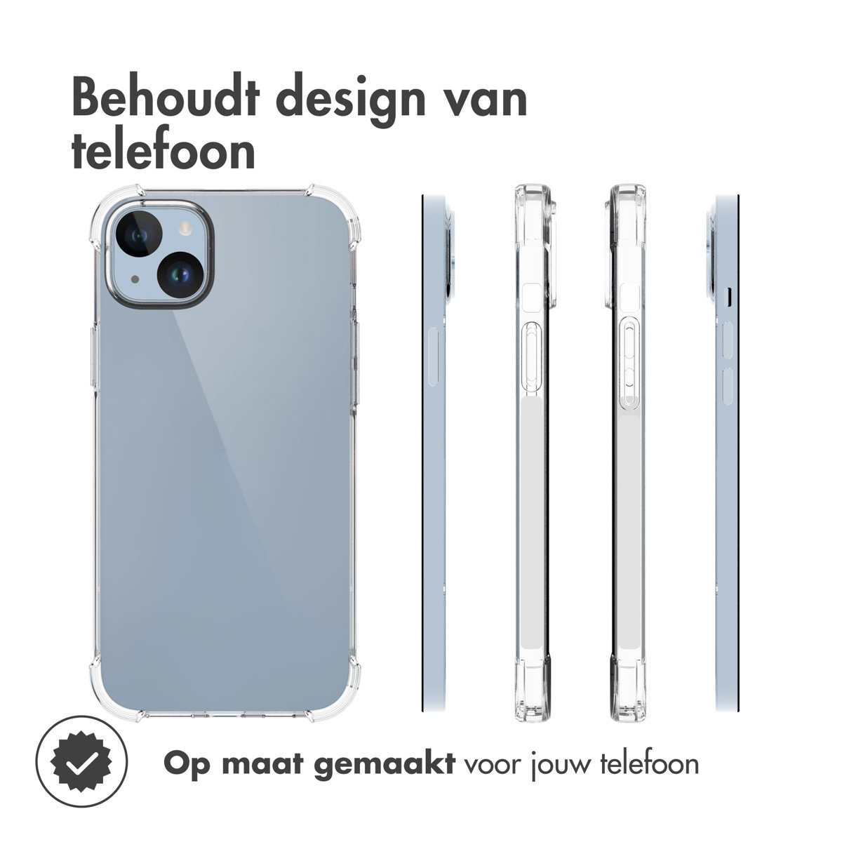Une coque transparente pour téléphone sous différents angles, avec un téléphone à l'intérieur. Fini brillant.