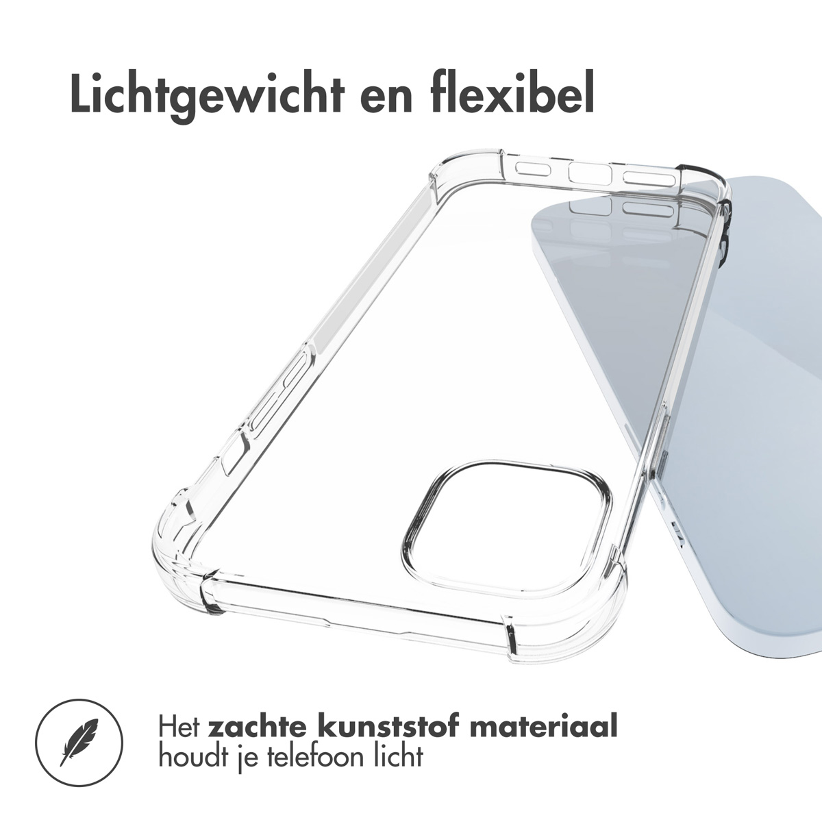 Coque de téléphone transparente. La coque et le téléphone sont sur la surface blanche.