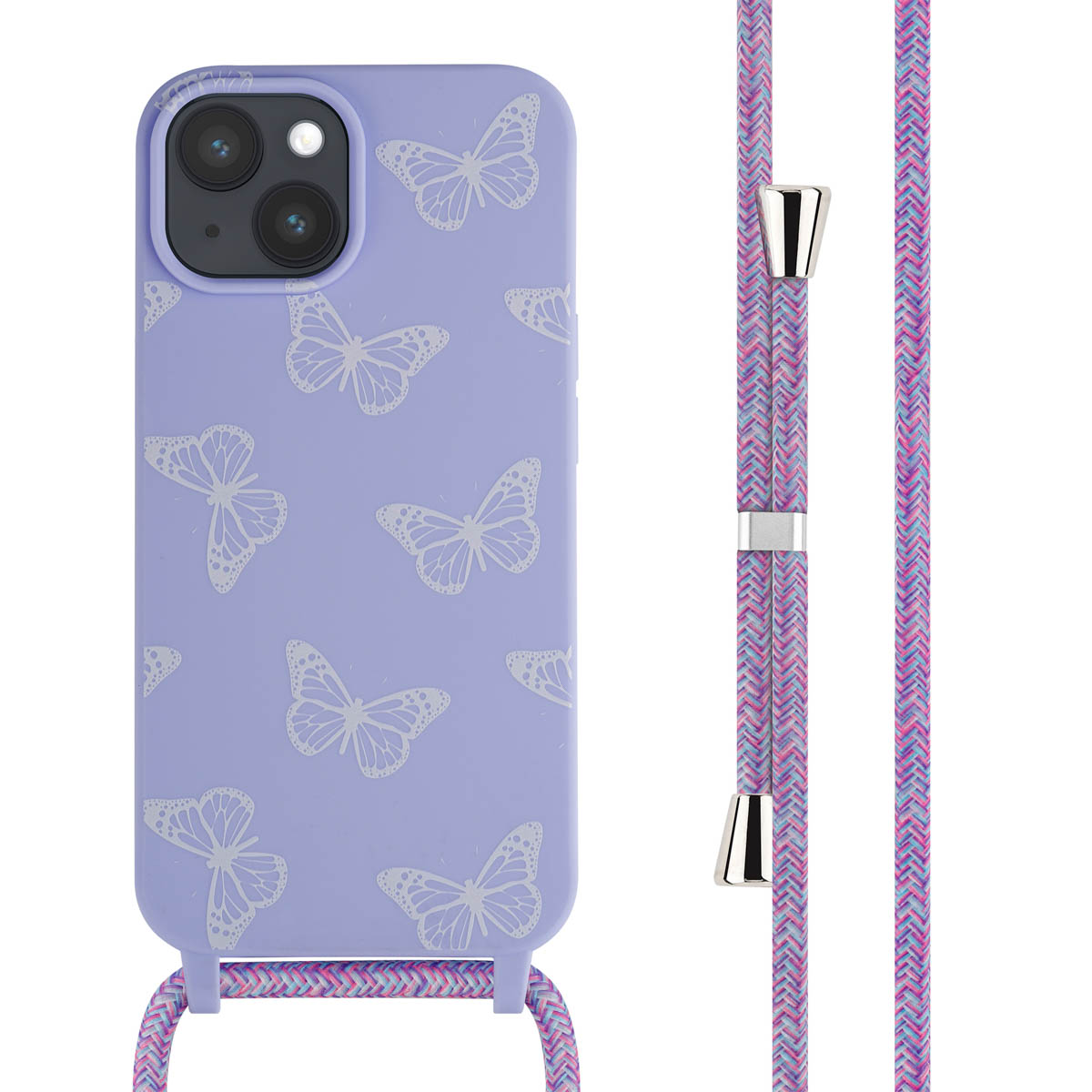 Lila telefoonhoesje met wit vlinderpatroon en bijpassend geweven koord.