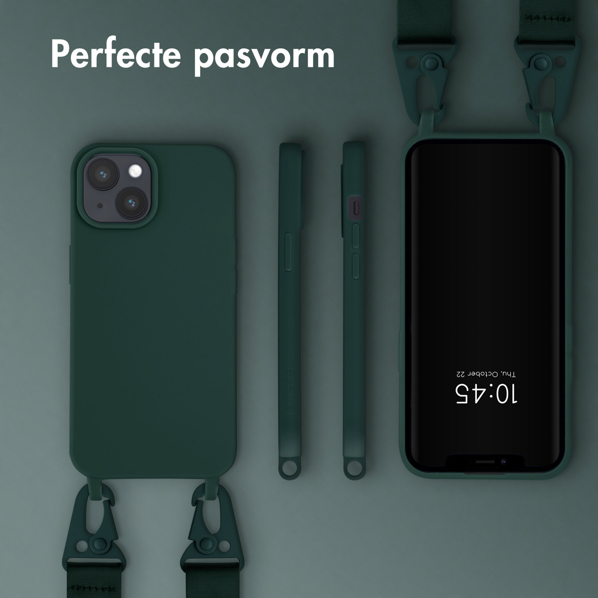 Dark green phone case with strap, side view, and attached case.